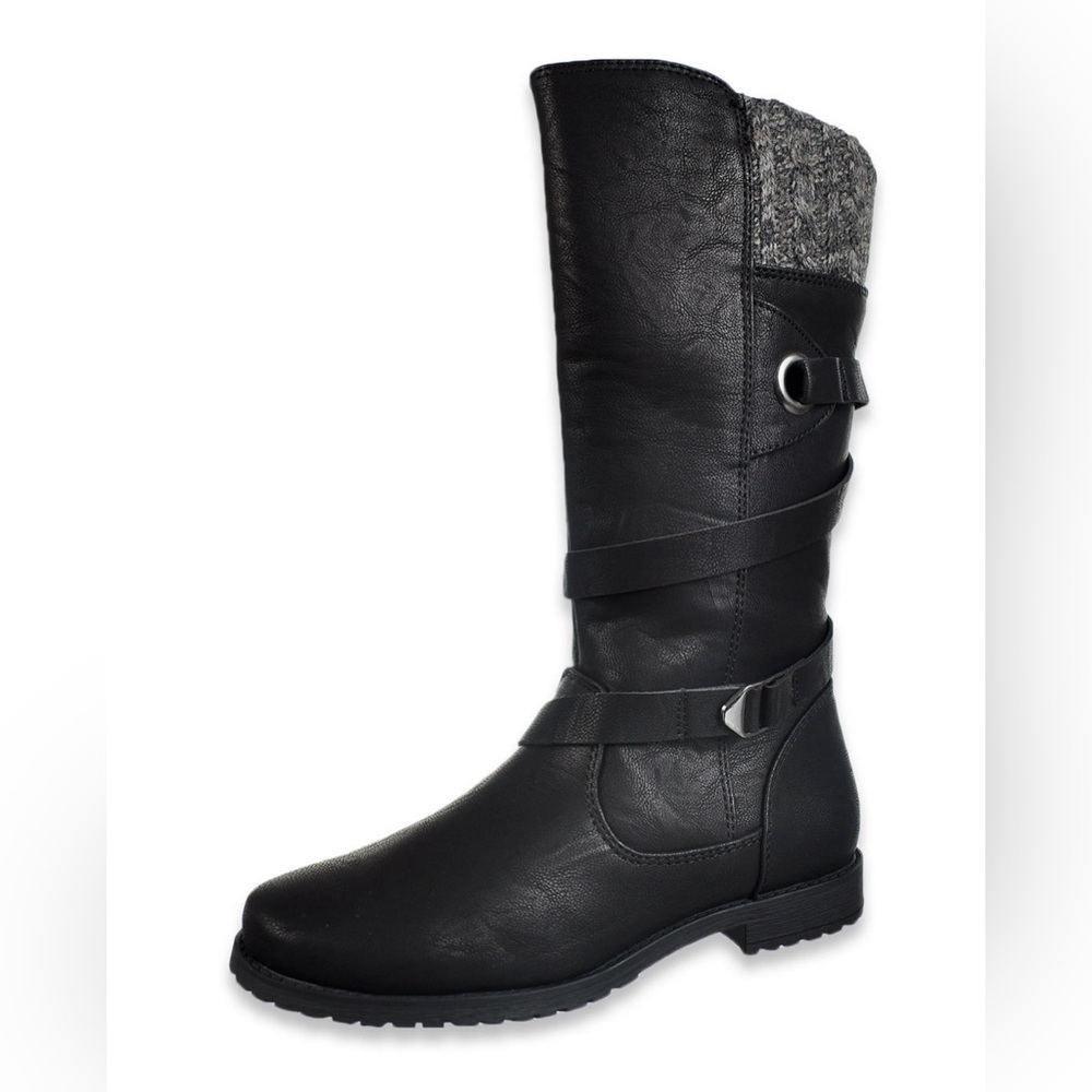 Rachel Black Calf-Length Faux leather Boot w/knit trim Wraparound accent. Size 4